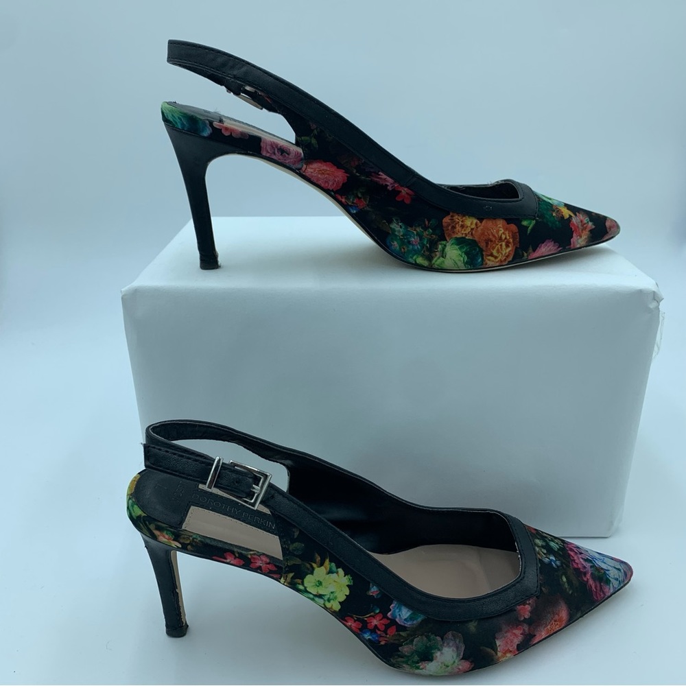 Dorothy Perkins Black Floral Sling Back Shoes Stiletto Heels  Faux Leather UK 7 - Picture 4 of 13